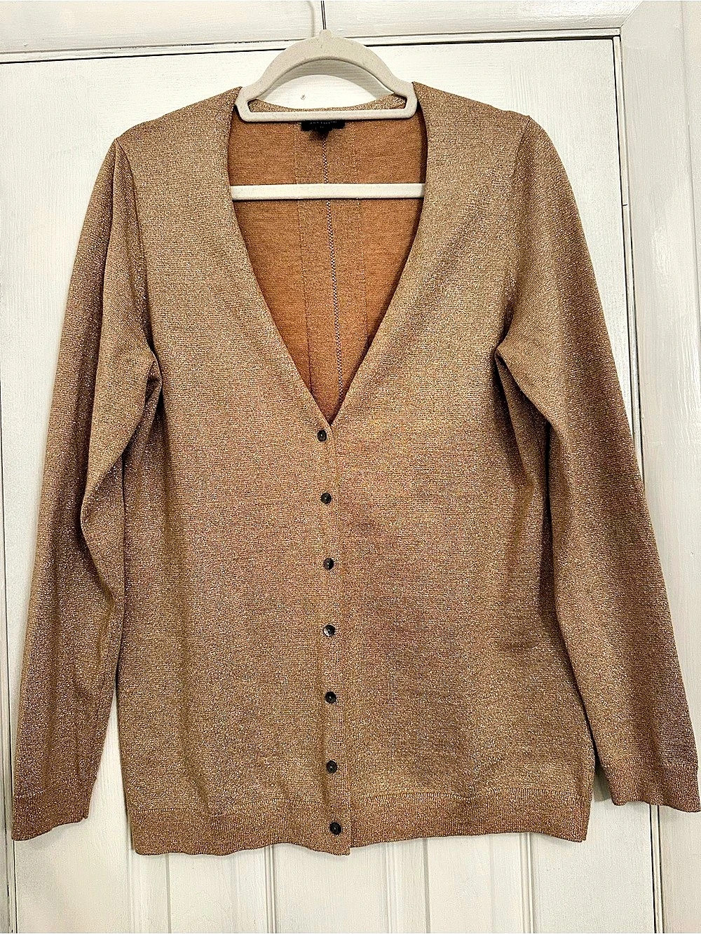 Ann Taylor Metallic Knit Cardigan in Gold Size Large